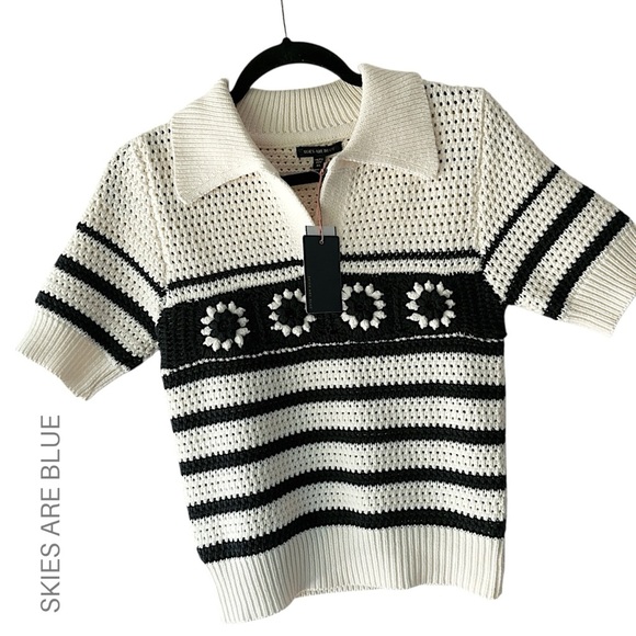 NWT | CROCHET STRIPED SPLIT V-NECK COLLARED TOP NAVY BLUE & OFF WHITE | XS - Picture 1 of 12